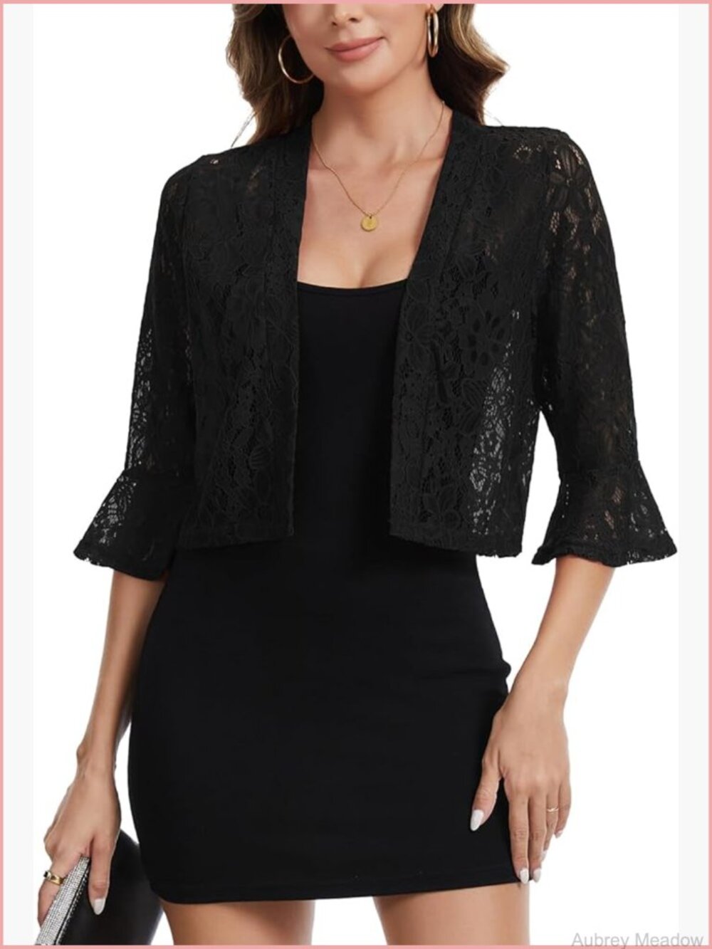 Open Front Lace Cropped Cardigan 3/4 Bell Sleeve Bolero Shrugs